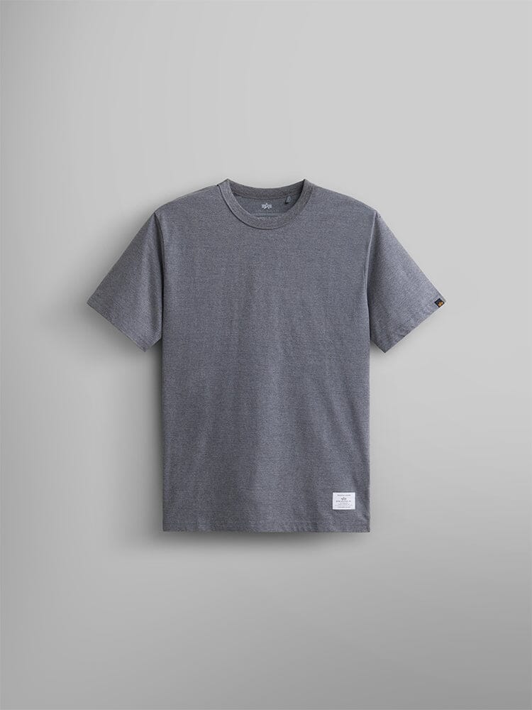 Alpha Industries Essential Tee in grey cotton with short sleeves, crew neck, and small white label near the bottom hem.