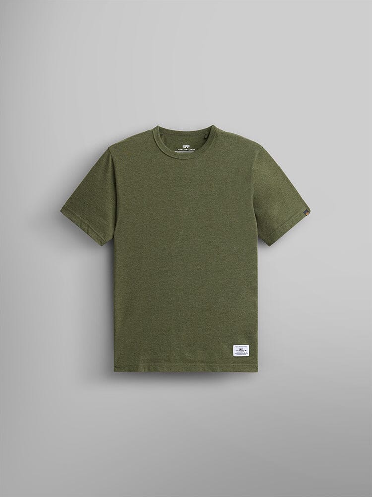 Alpha Industries Essential Tee, olive green cotton shirt with short sleeves, crew neck, and small white label at bottom hem.