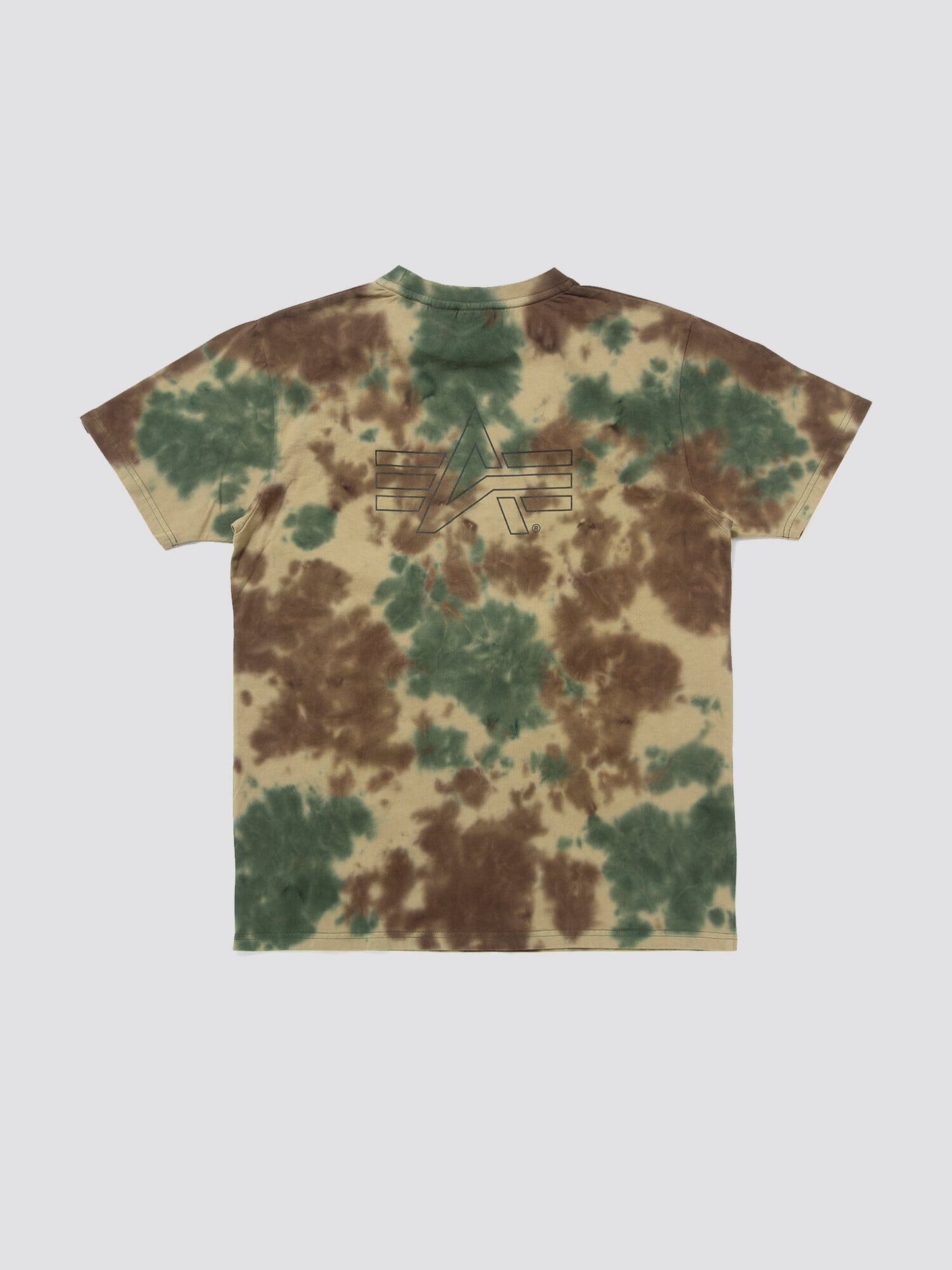 Gramicci X Alpha Cotton Camo Tie Dye Tee by Alpha Industries, cotton shirt in green and brown tie dye with geometric Gramicci logo on back.