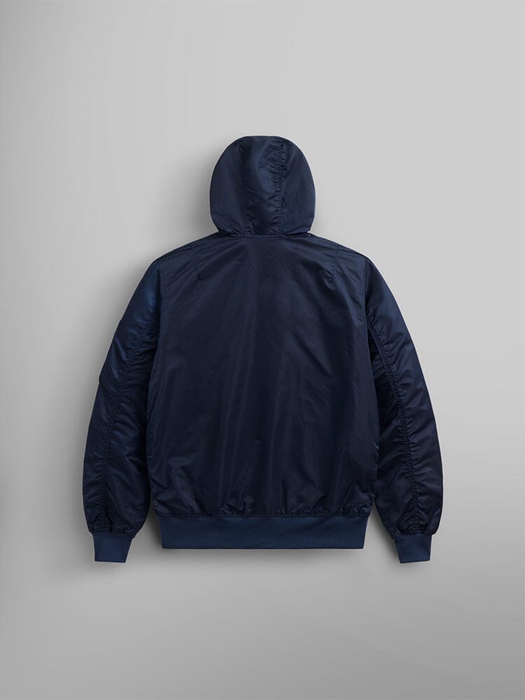 The L-2B Hooded Gen II Bomber Jacket by Alpha Industries, Inc., is shown from the back. It features long sleeves and is crafted from water-resistant nylon in navy blue.