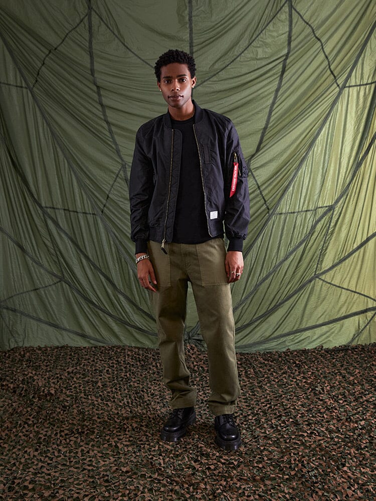 Alpha Industries L-2B Skymaster Gen II Bomber Jacket, black, nylon, zip closure, ribbed cuffs and hem.