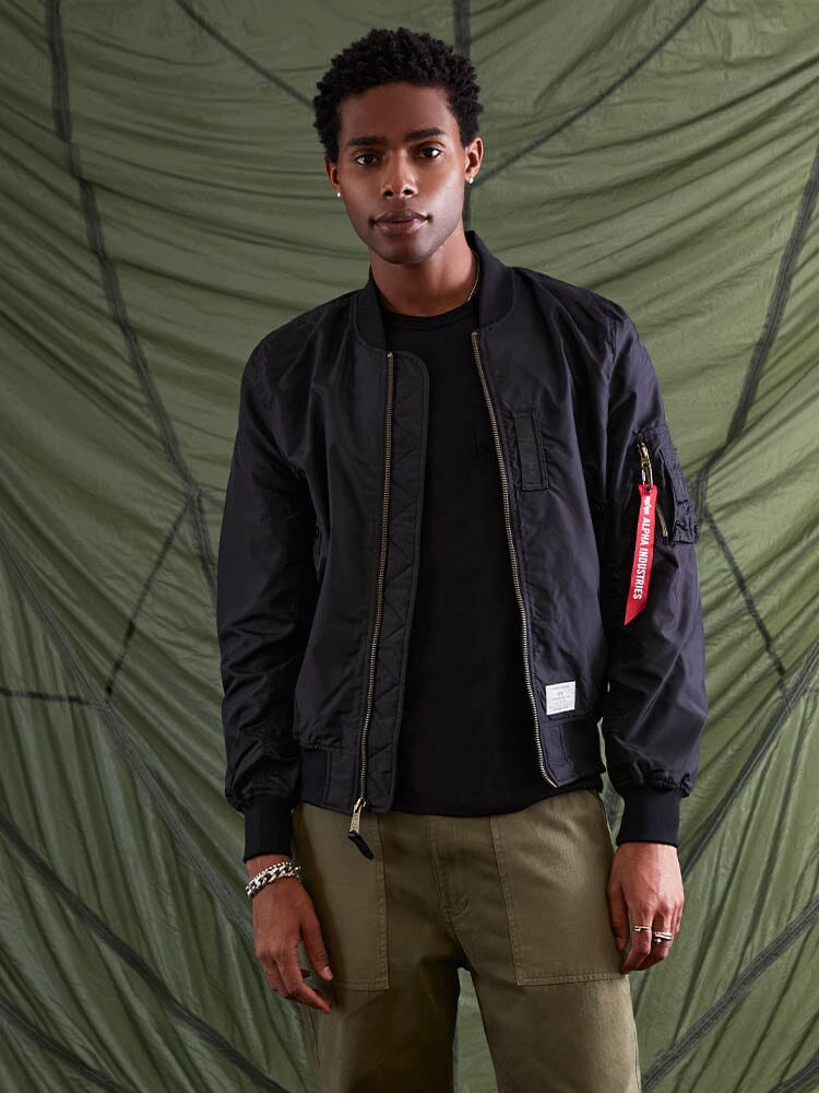 Alpha Industries L-2B Skymaster Gen II Bomber Jacket in black with front zipper closure.