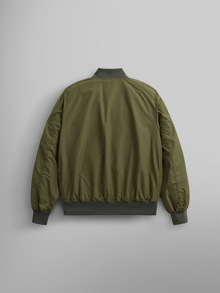 Alpha Industries L-2B Skymaster Gen II Bomber Jacket, olive green, lightweight nylon, ribbed collar, cuffs, and hem.
