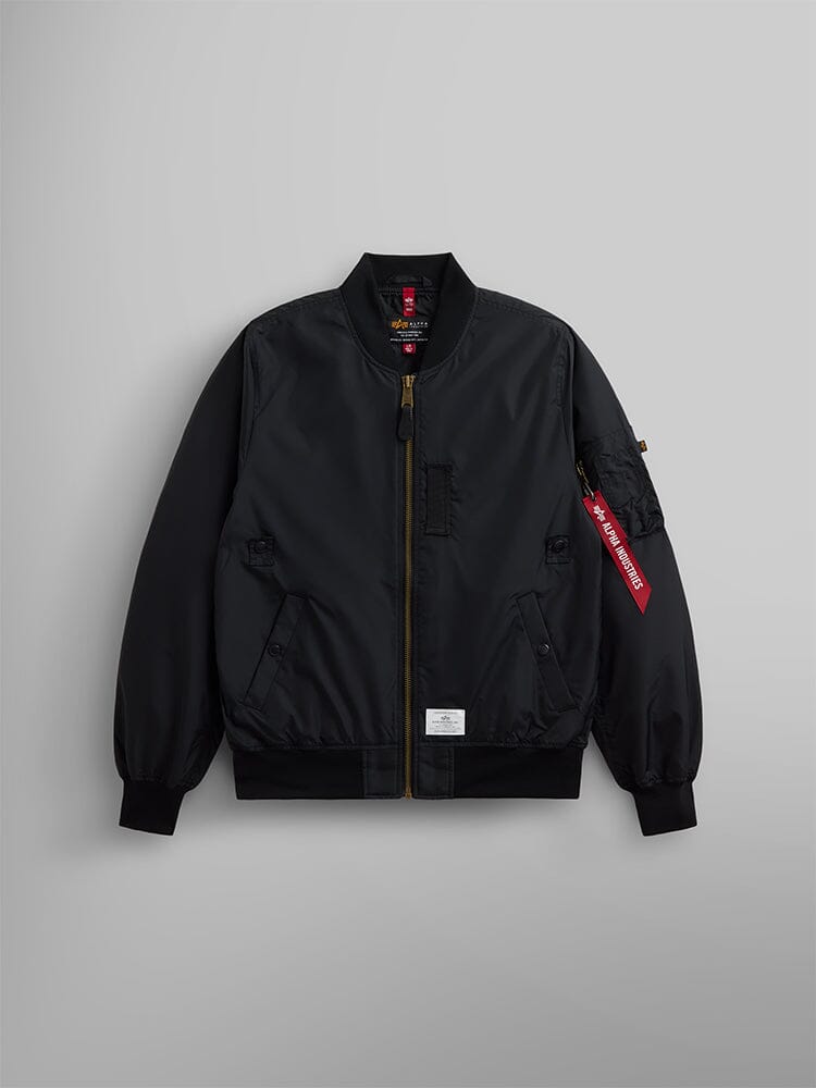 Alpha Industries L-2B Skymaster Gen II Bomber Jacket, black, lightweight nylon, front zipper, ribbed cuffs and hem, MA-1 oxygen tab details, red Remove Before Flight tag on left sleeve zipper pocket.