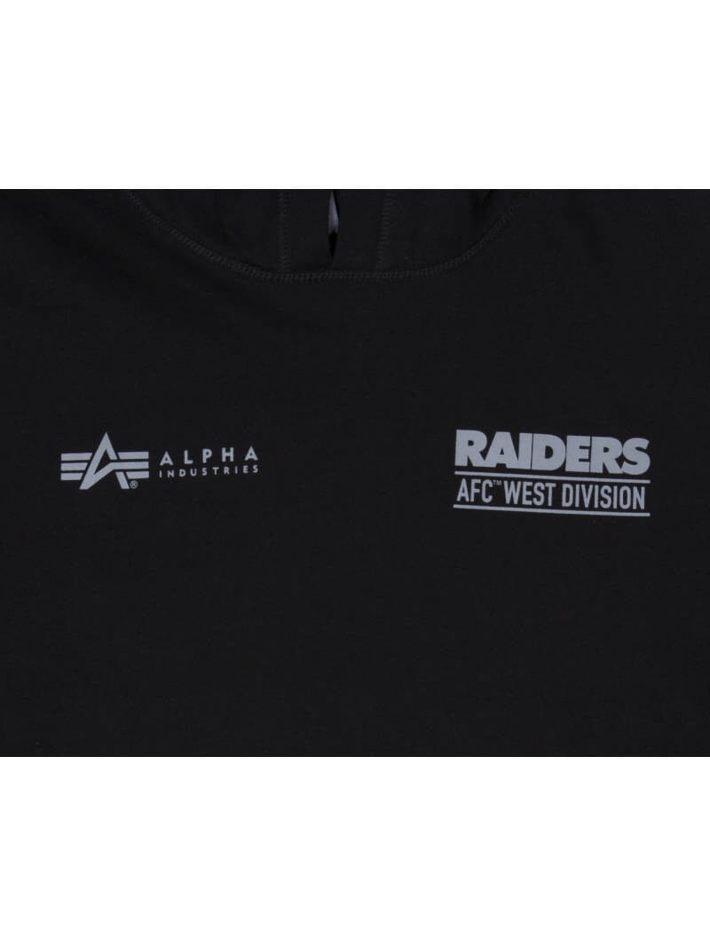Black hoodie with the Las Vegas Raiders x Alpha x New Era design, featuring the Alpha Industries logo on one side and Raiders AFC West Division text on the other, complete with an embroidered team logo for extra flair.