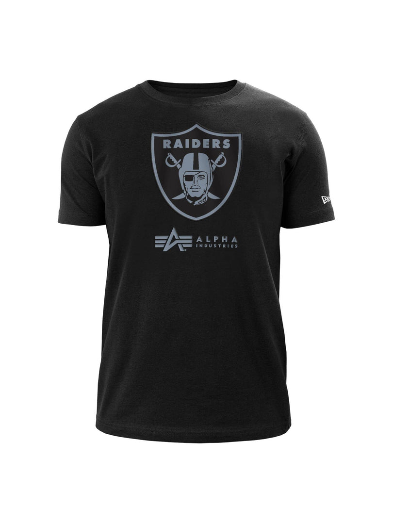 Mid-weight jersey black T-shirt showcasing the Las Vegas Raiders logo in twill applique and Alpha Industries text on the front, from Alpha Industries.