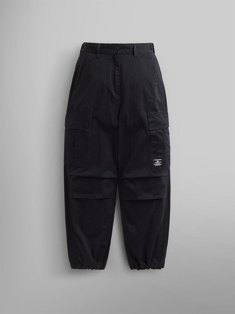 M-65 Cargo Pant Womens by Alpha Industries in black with multiple pockets, button and zip closure, elasticized cuffs.