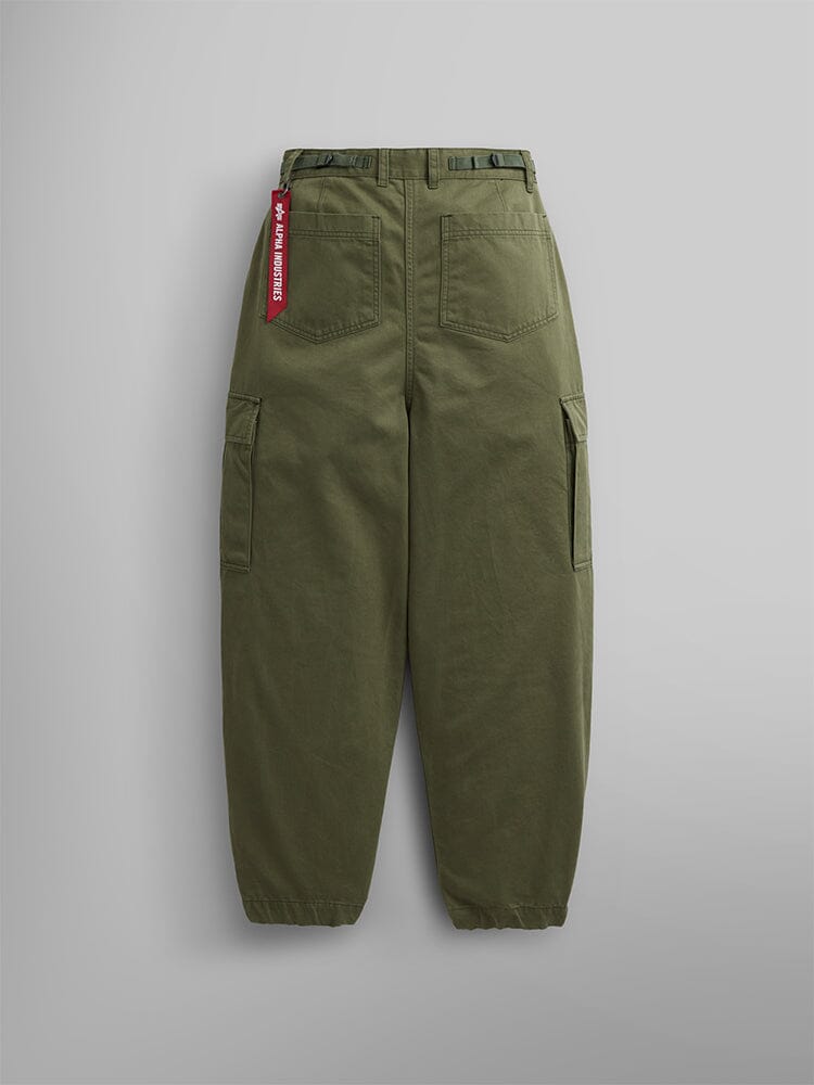 Alpha Industries M-65 Cargo Pant Womens in olive green with elastic cuffs, back patch pockets, side cargo pockets, and red tag.
