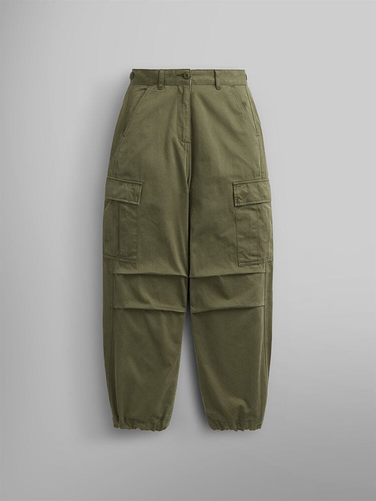 Alpha Industries M-65 Cargo Pant Womens in olive green with large side pockets, button and zip closure, and elastic cuffs.