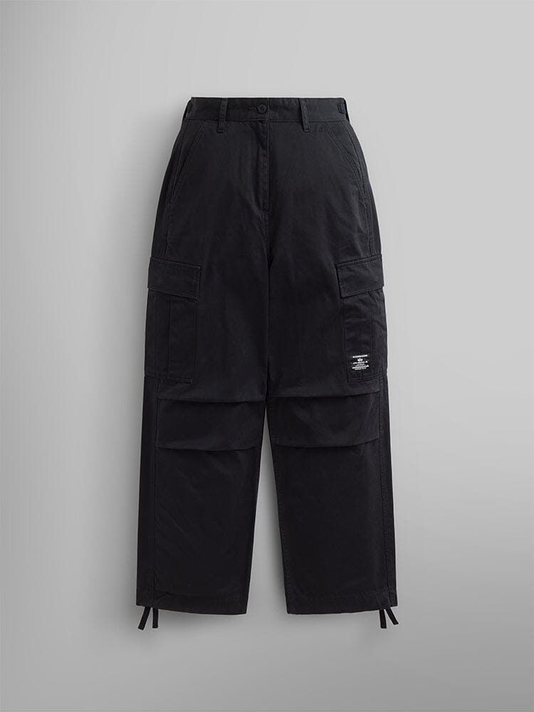 M-65 Cargo Pant Womens by Alpha Industries in Black with wide legs, multiple pockets, and a thigh patch.
