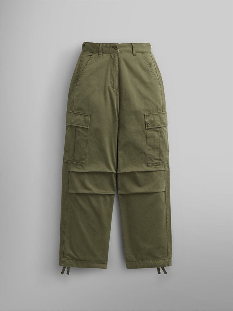Alpha Industries M-65 Cargo Pant Womens in Og-107 Green with flap pockets, button and zip closure, and hem drawstrings.