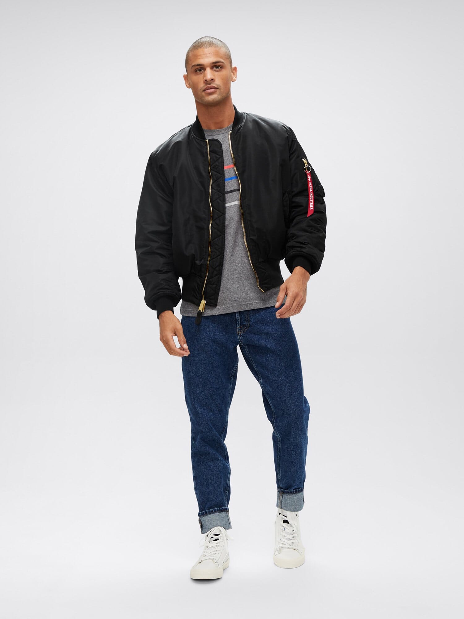 Alpha Industries MA-1 Blood Chit Flight Jacket, Black, Zipper Closure.