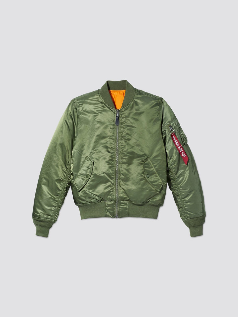 Front flat-lay view of sage green Alpha Industries MA-1 Bomber Jacket Slim Fit showing orange lining and sleeve pocket with red tag.