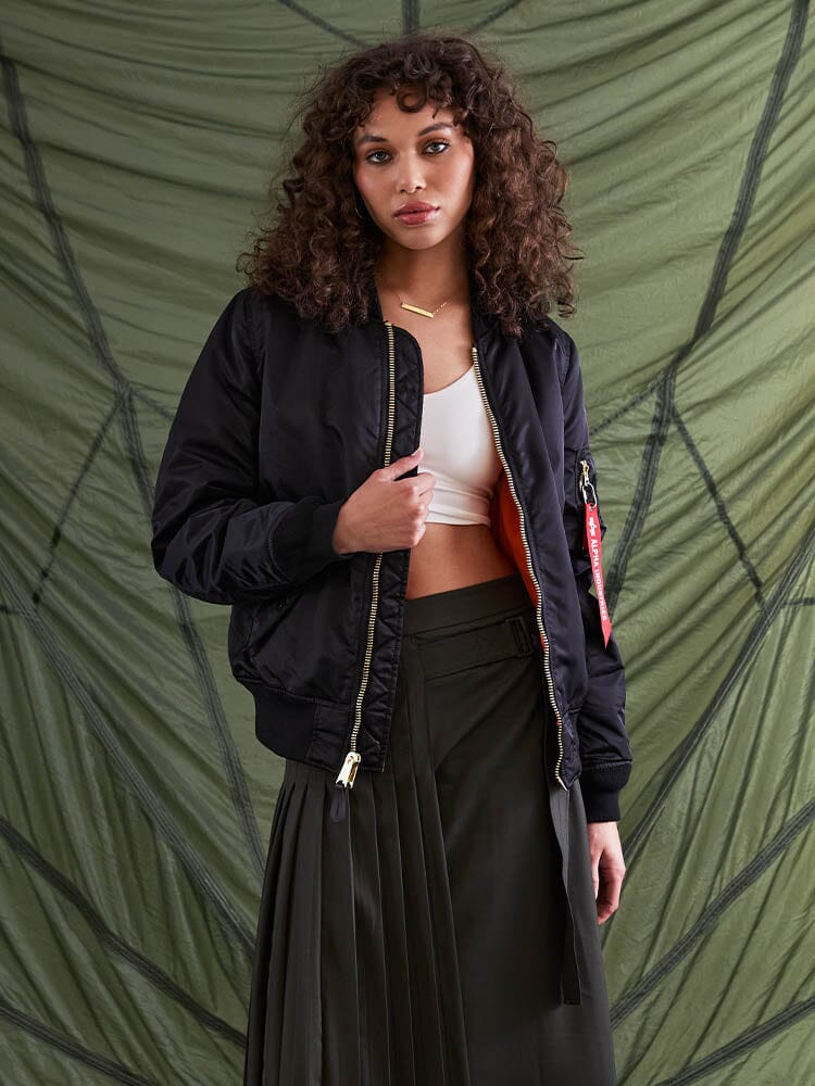 Alpha Industries MA-1 Bomber Jacket Womens in black with front zipper closure.