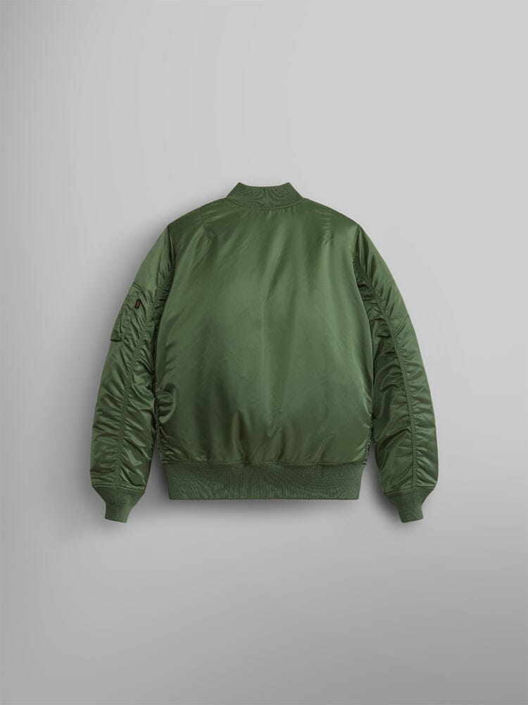 Alpha Industries MA-1 Bomber Jacket Womens in green with ribbed collar, waistband, cuffs, and back seam detailing.