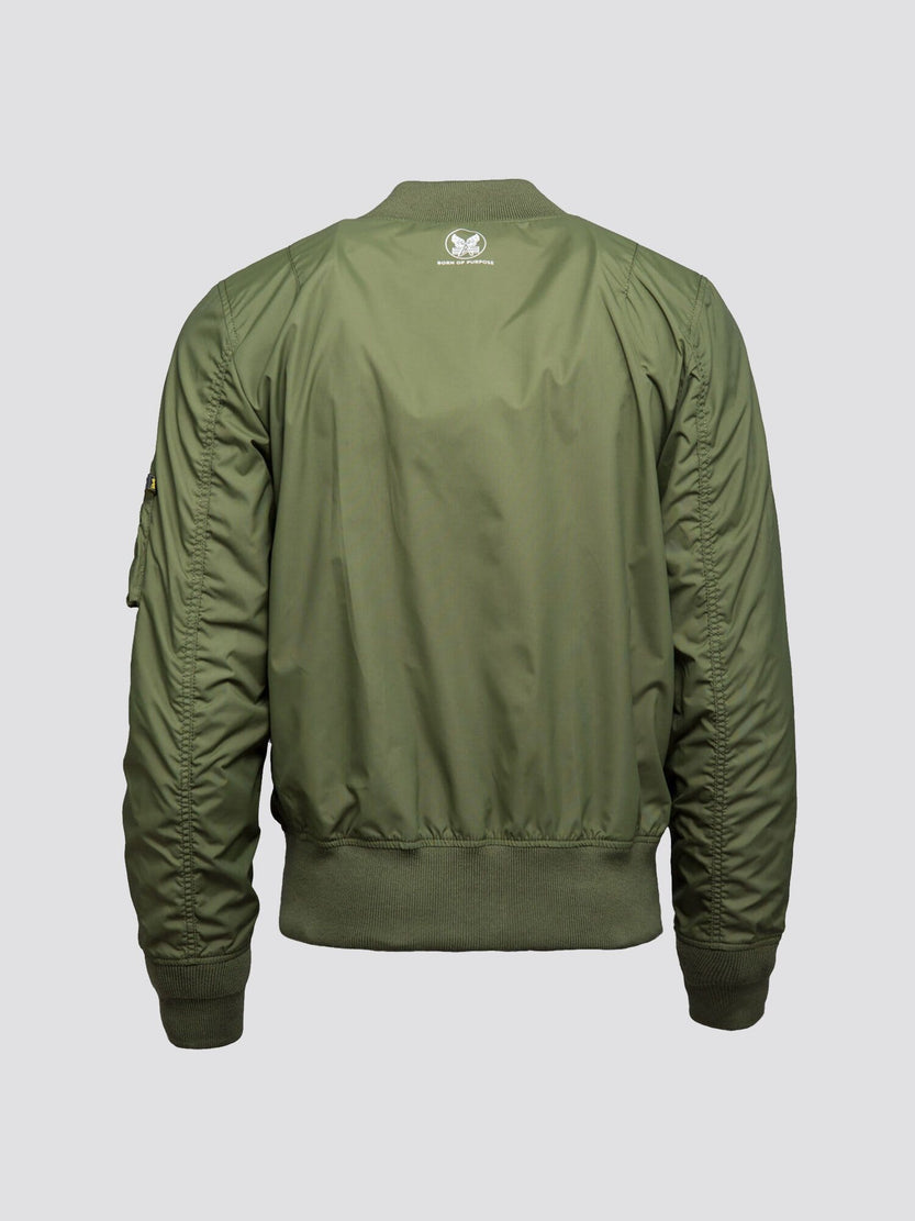 Alpha Industries MA-1 Skymaster Bomber Jacket, olive green, ribbed cuffs, waistband, collar, small white logo on upper back.