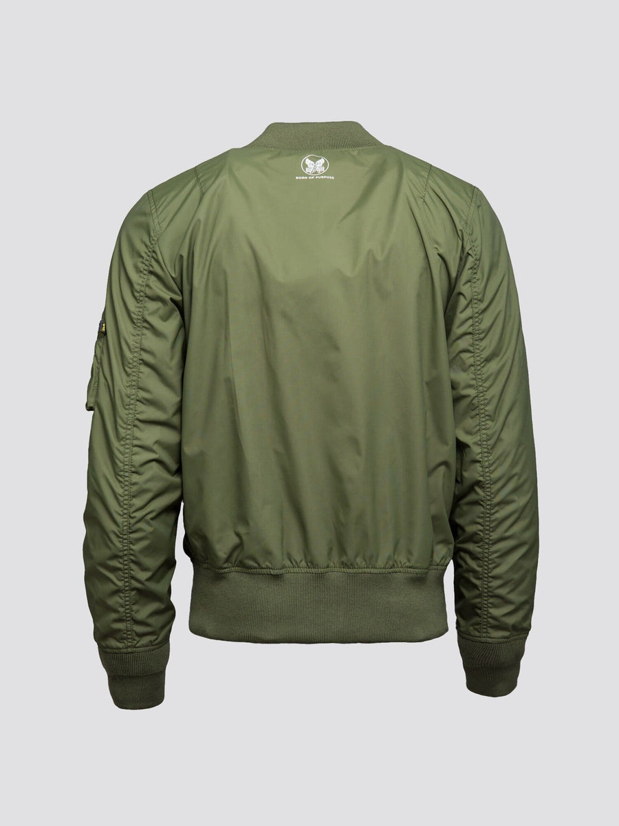 Alpha Industries MA-1 Skymaster Bomber Jacket, olive green, ribbed cuffs, waistband, collar, small white logo on upper back.