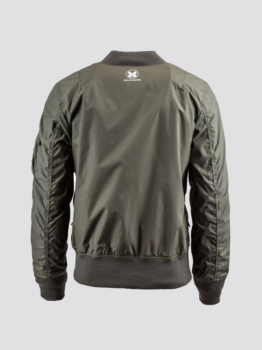 Alpha Industries MA-1 Skymaster Bomber Jacket, green, lightweight, ribbed cuffs and waistband, small white logo below collar.