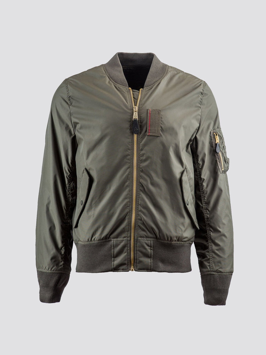 Alpha Industries MA-1 Skymaster Bomber Jacket, olive green, front zipper, ribbed cuffs and hem, zippered left sleeve pocket.