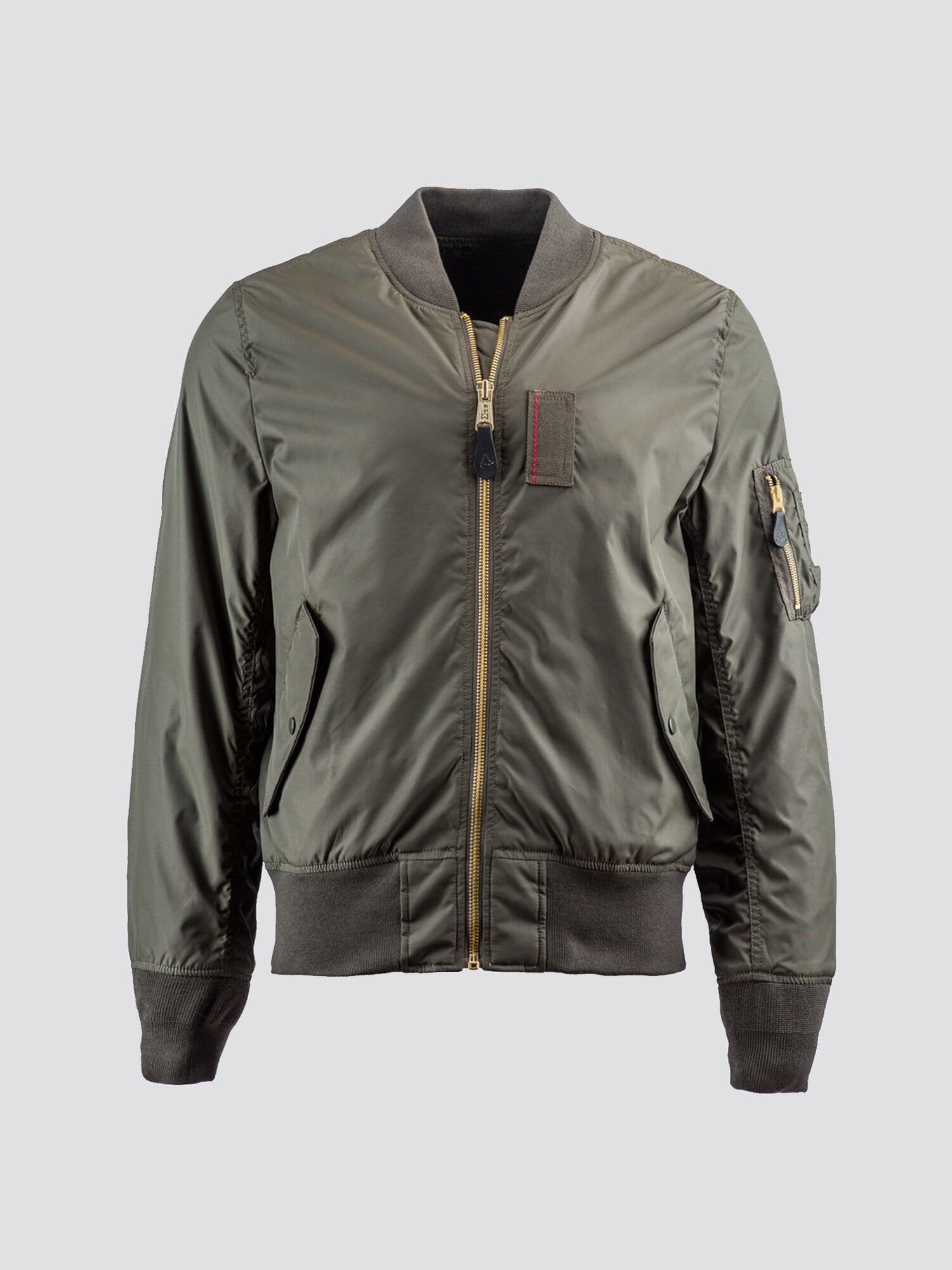 Alpha Industries MA-1 Skymaster Bomber Jacket, olive green, front zipper, ribbed cuffs and hem, zippered left sleeve pocket.