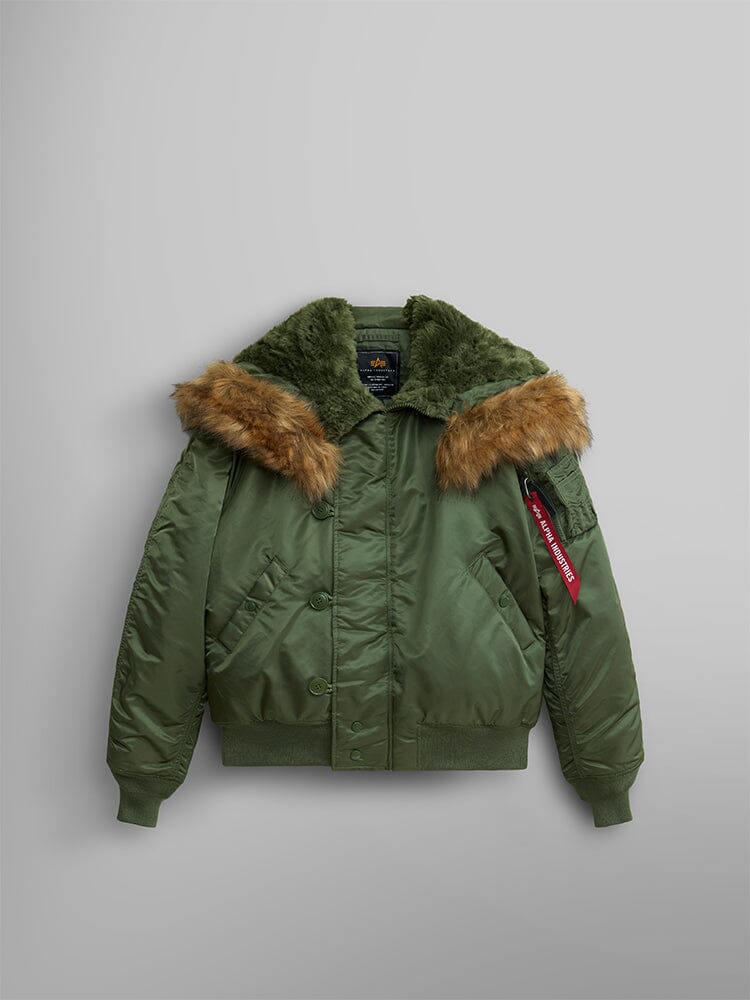 Alpha Industries N-2B Short Waist Parka, olive green, faux mouton fur collar, ribbed cuffs and hem, water-repellent finish, button and zipper closures, Remove Before Flight sleeve tag.