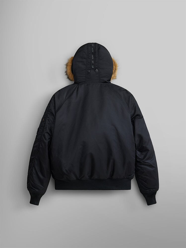Alpha Industries N-2B Short Waist Parka, black, faux mouton fur-trimmed hood.