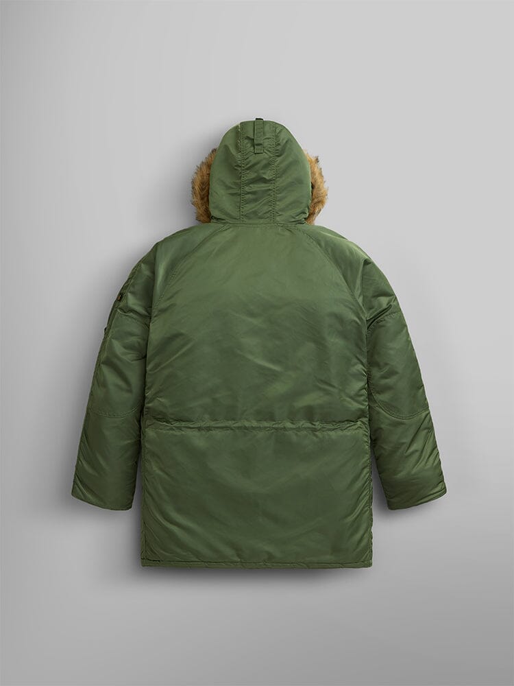 Alpha Industries N-3B Parka in green with fur-trimmed snorkel hood.
