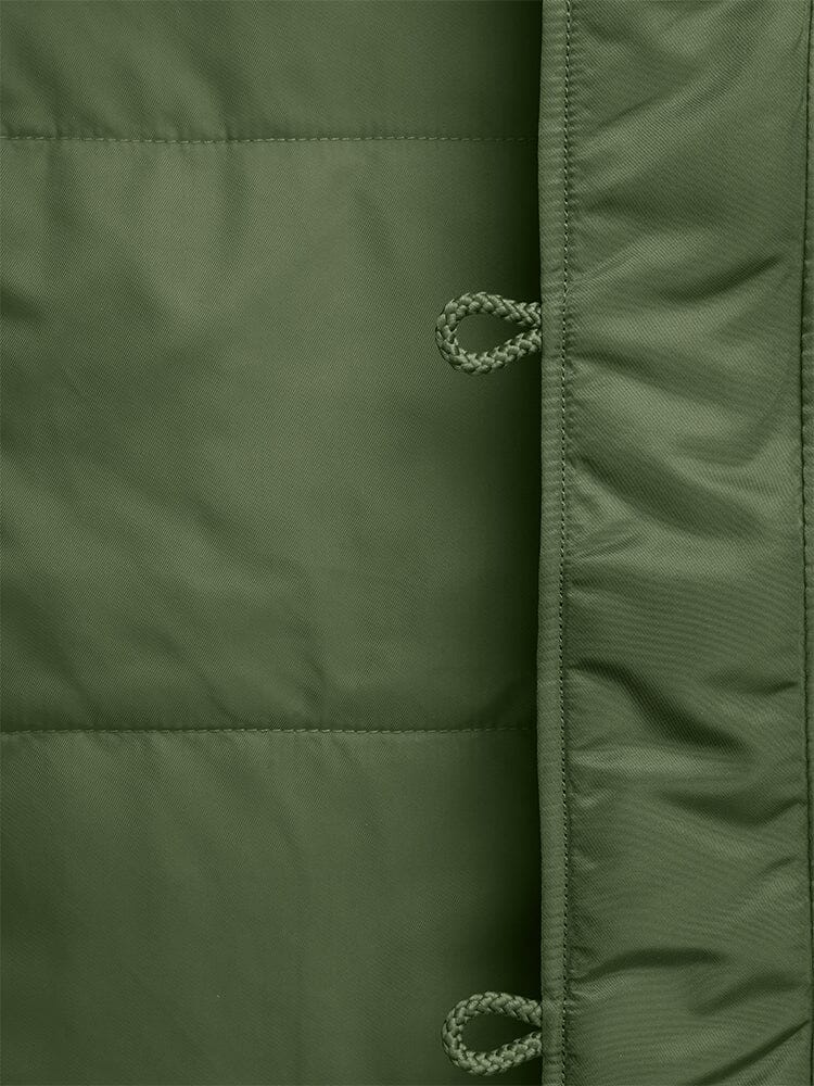 Alpha Industries N-3B Parka, green quilted fabric, two braided loops, vertical seam on right side.