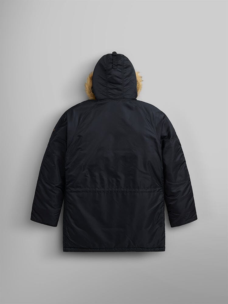 Alpha Industries N-3B Parka in black with snorkel hood, faux fur trim, and back detail.