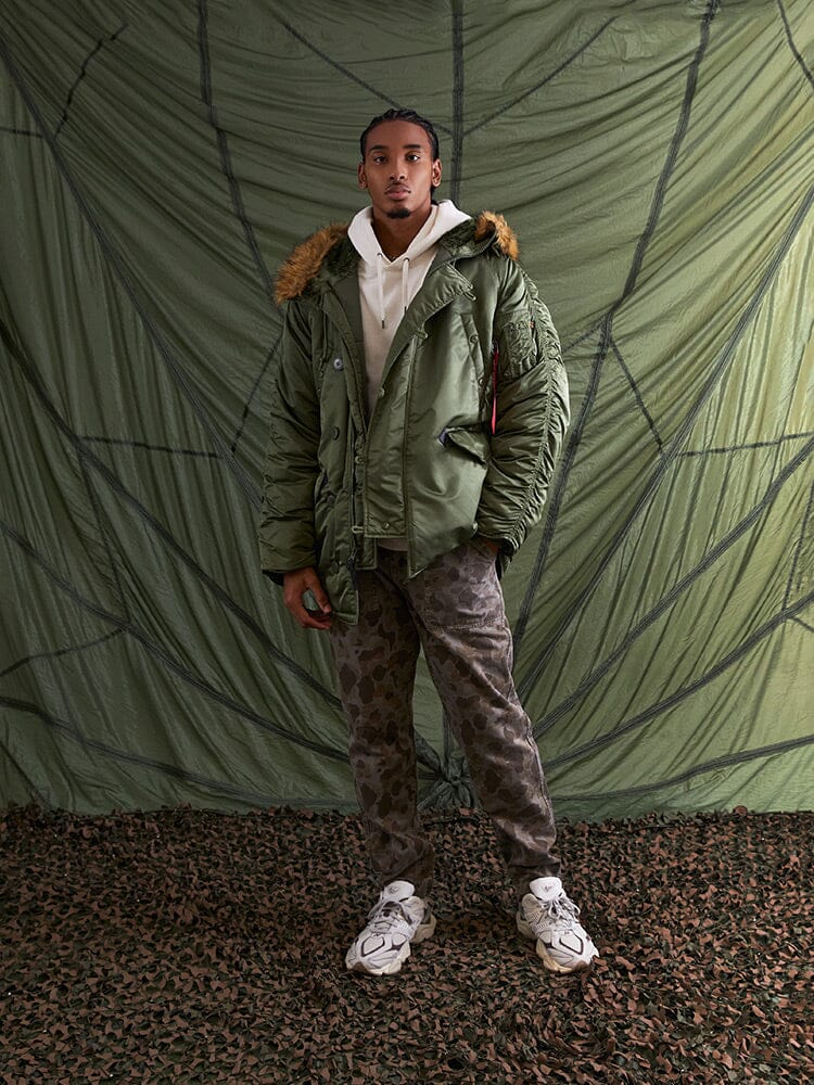 Alpha Industries N-3B Parka in olive with fur-lined snorkel hood.