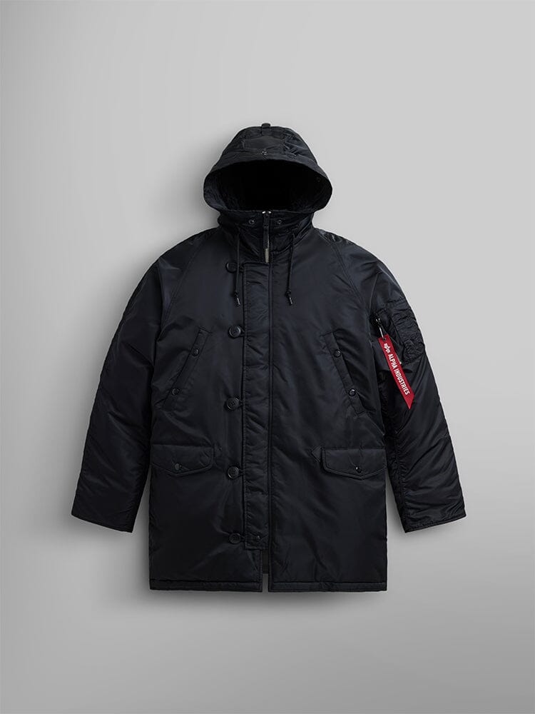 Alpha Industries N-3B Parka, snorkel hood, button and zipper closure, arm pocket with red Remove Before Flight tag, water resistant.