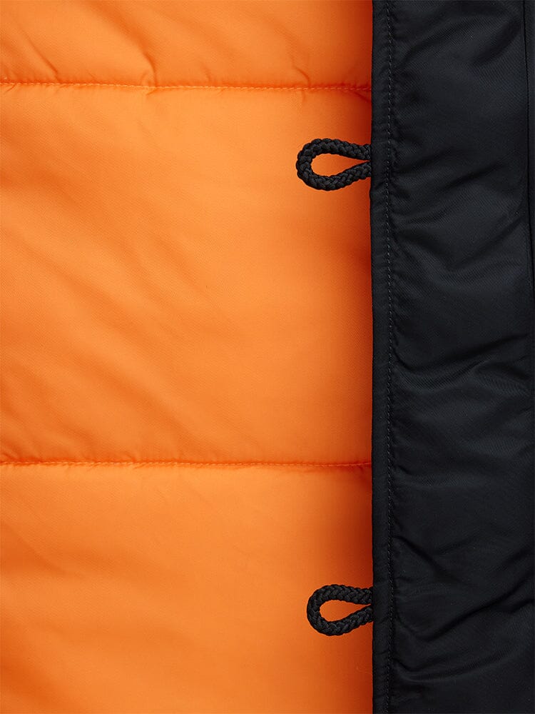 Alpha Industries N-3B Parka Youth, orange quilted fabric with black edging and rope loops.