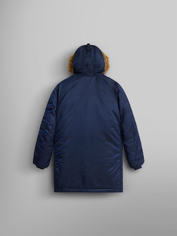 Alpha Industries N-3B Parka Youth, navy blue, fur-lined hood, water-resistant fabric.