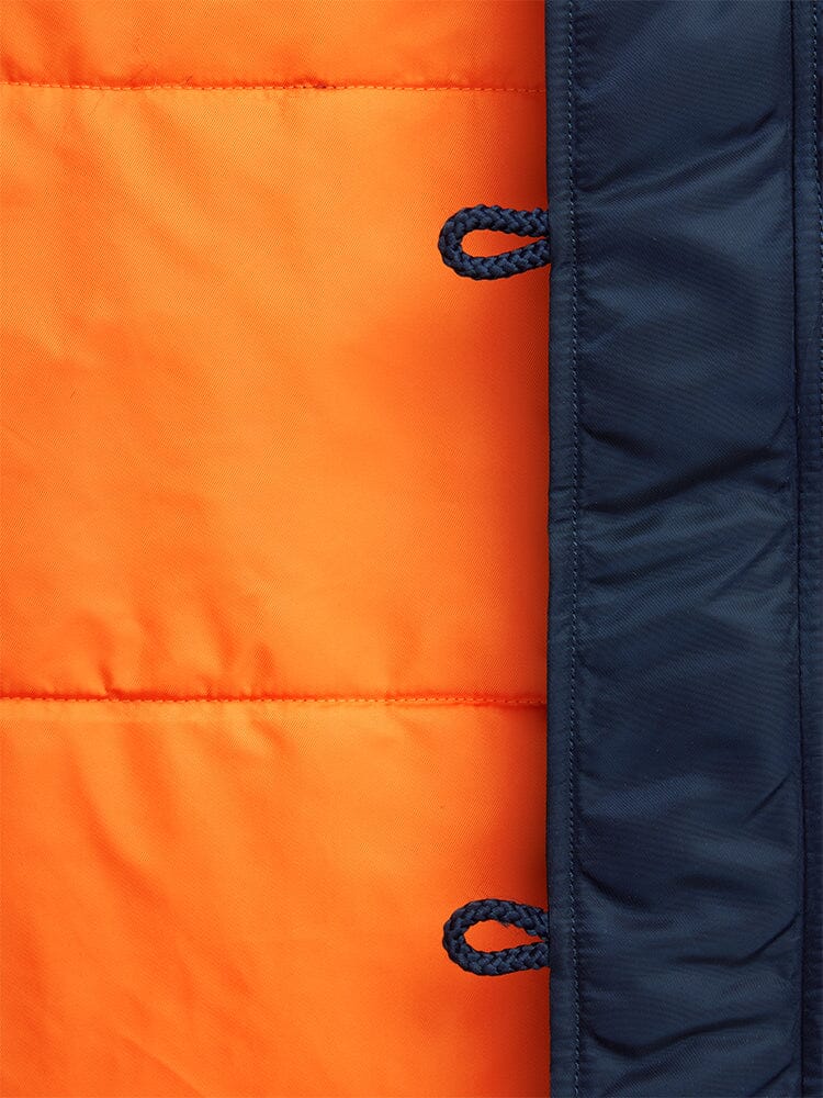 Alpha Industries N-3b Parka Youth, quilted navy blue exterior, bright orange interior, two blue loop fasteners.