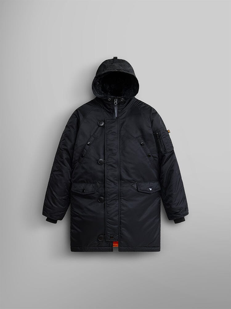 Alpha Industries N-3b Parka Youth, black, water-resistant, hood, front zipper, button closures, two flap pockets, sleeve pocket.