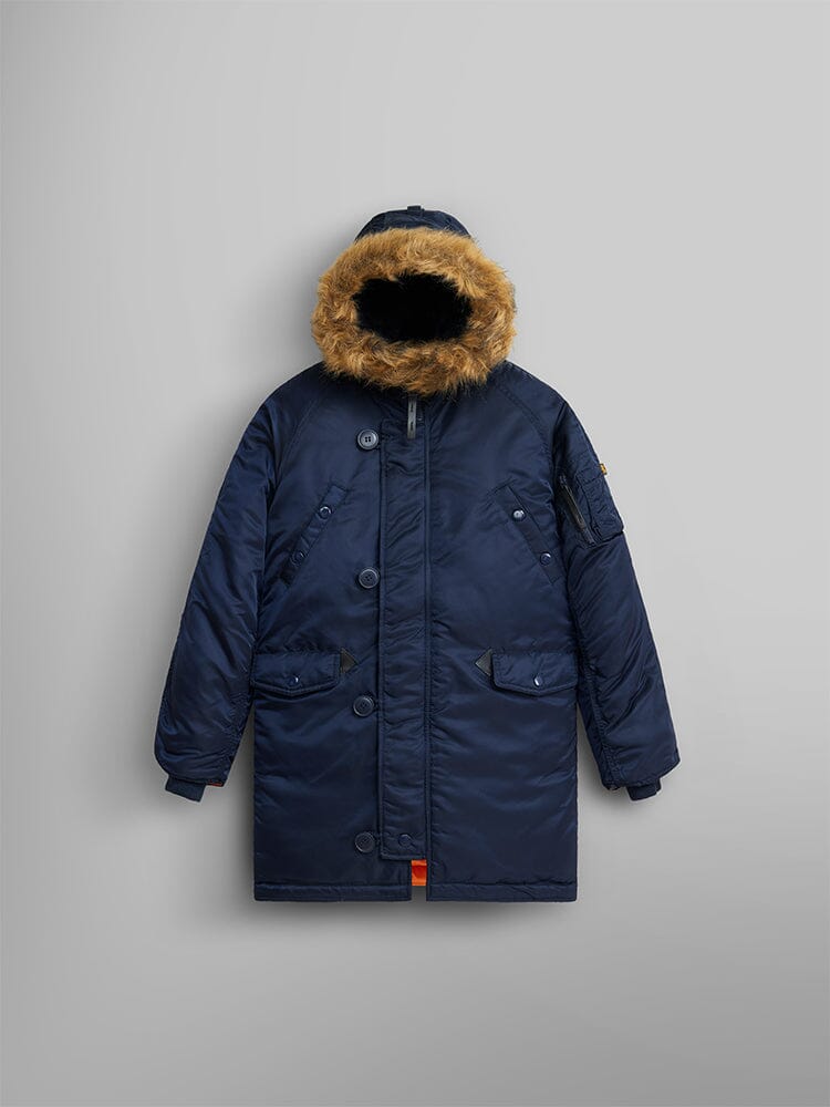 Alpha Industries N-3B Parka Youth, Replica Blue, fur-lined hood, button and zipper closures, multiple pockets, ribbed cuffs, water-resistant fabric.