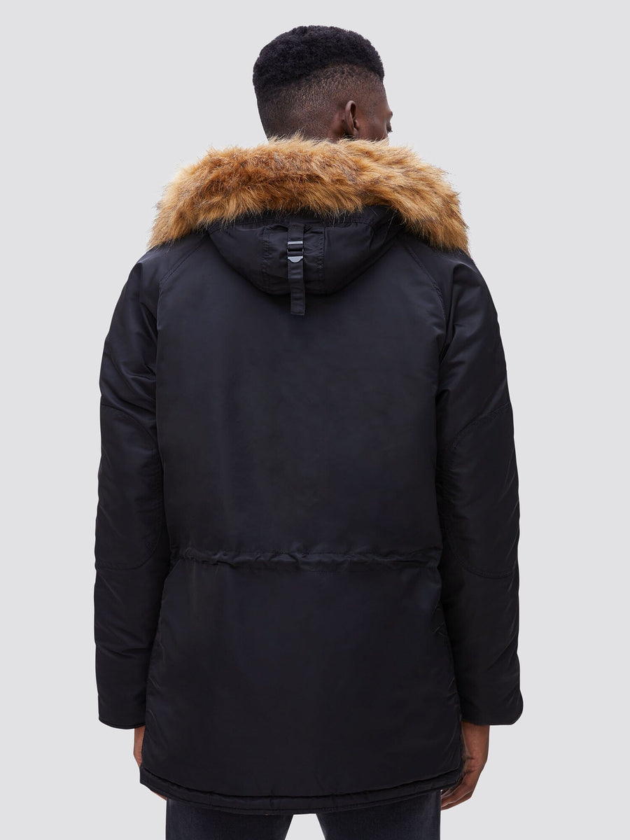 Alpha Industries N-3B Slim Gen I Parka in black with brown faux fur-trimmed hood.