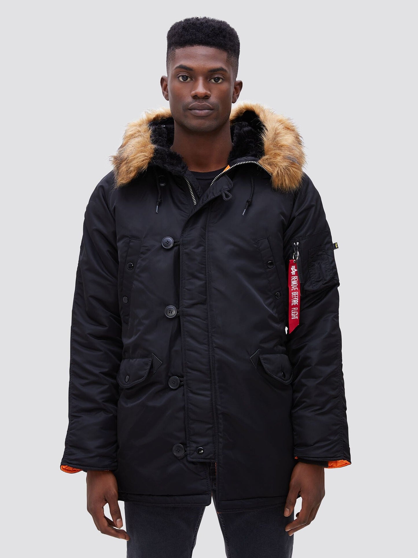 Alpha Industries N-3b Slim Gen I Parka, Black, Fur-Trimmed Hood, Button and Zip Front, Red Sleeve Tag.