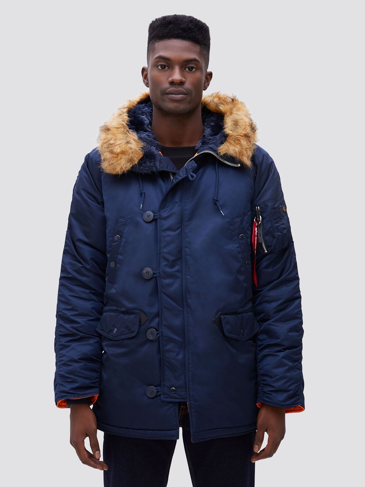 Alpha Industries N-3B Slim Gen I Parka, dark blue, water-resistant coat with fur-lined hood.