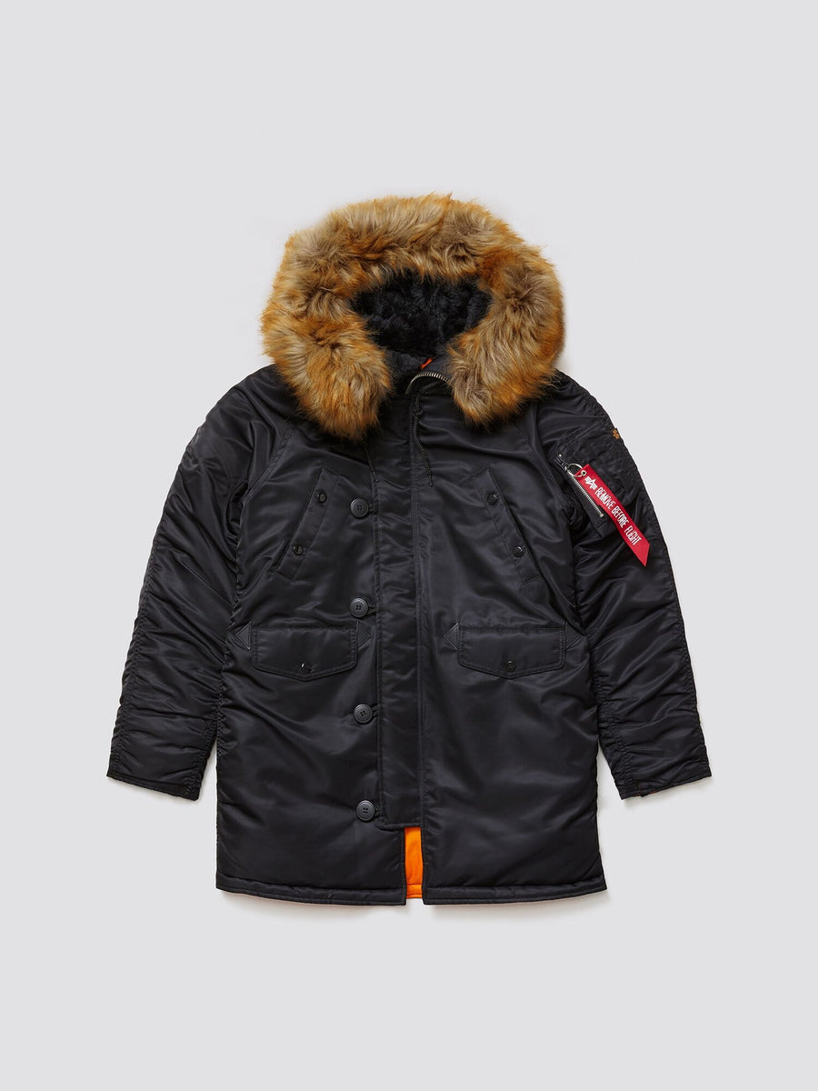 Alpha Industries N-3b Womens Parka, black, fur-lined snorkel hood, utility pockets, button and zipper closure, red sleeve tag.