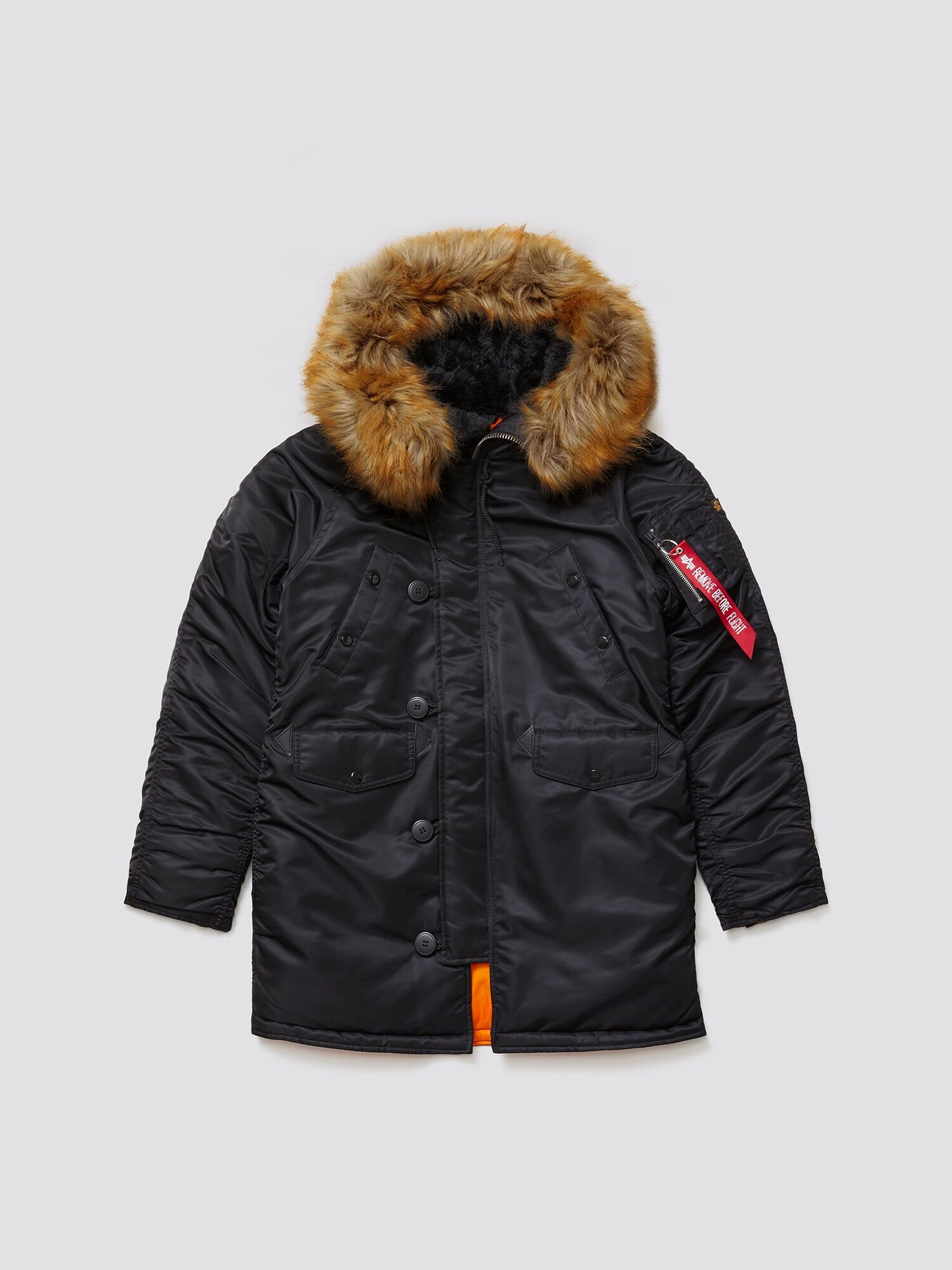Alpha Industries N-3b Womens Parka, black, fur-lined snorkel hood, utility pockets, button and zipper closure, red sleeve tag.