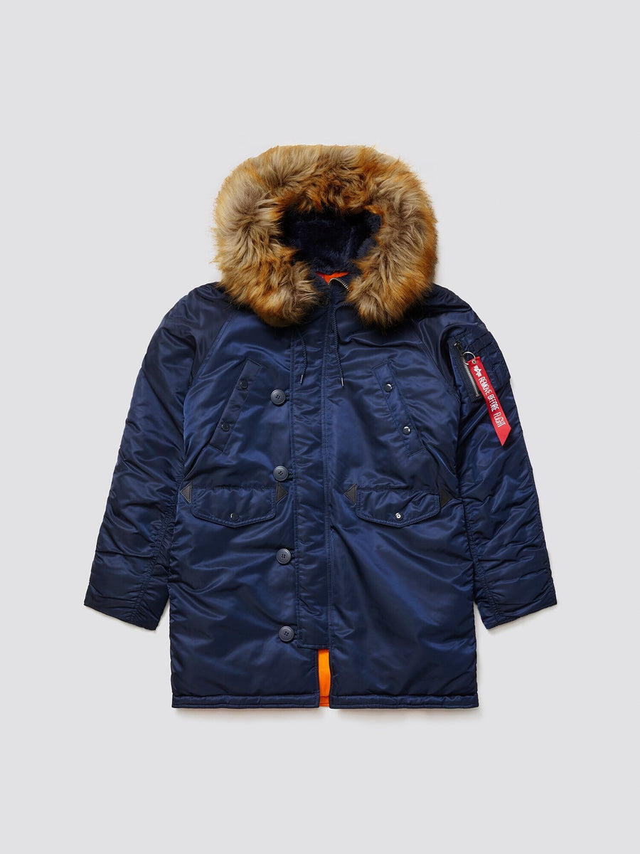 Alpha Industries N-3B Womens Parka, Replica Blue, fur-lined snorkel hood, front button closure, utility pocket, red tag on left sleeve.