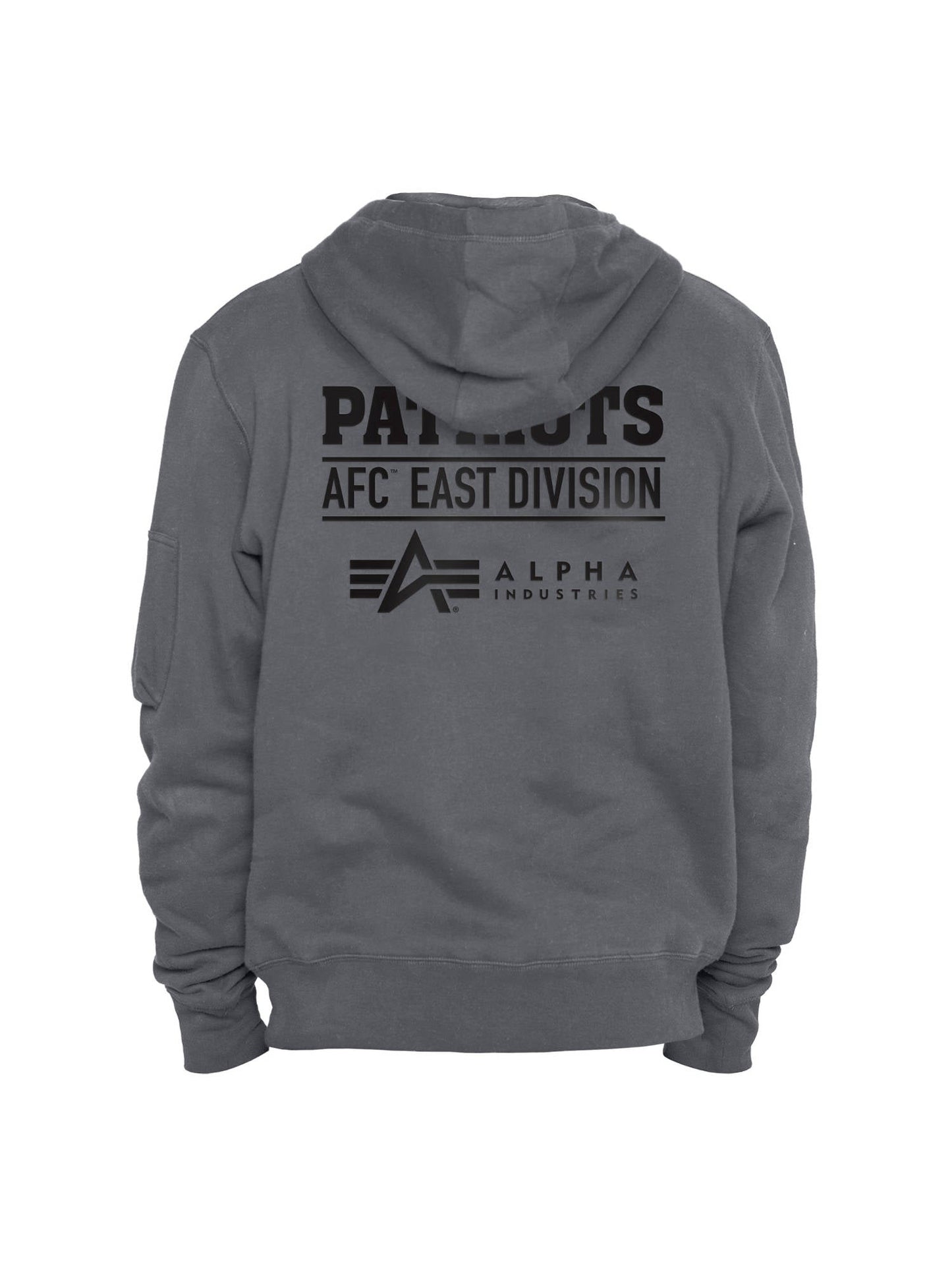This hooded pullover showcases the "Patriots AFC East Division" text and the iconic Alpha Industries logo in bold black print on the back.