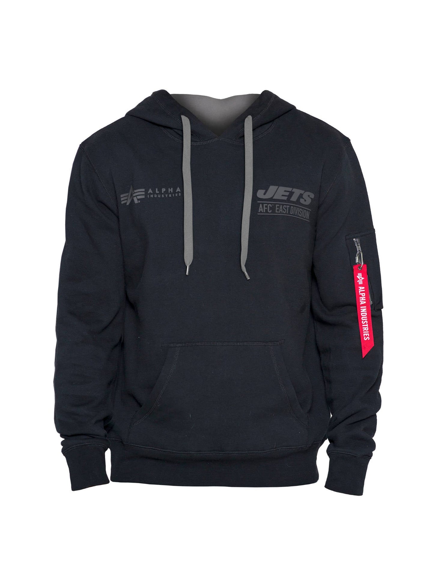 The New York Jets X Alpha X New Era Hoodie, created by Alpha Industries and NE-NFL, is a black pullover adorned with the Jets AFC East Division logos. It boasts sleek gray drawstrings and features the signature red tag on the left sleeve.