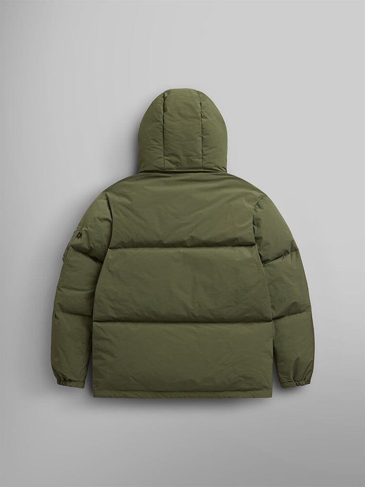 Back view of the olive green Puffer Parka by Alpha Industries, featuring a removable hood and adjustable drawcords.