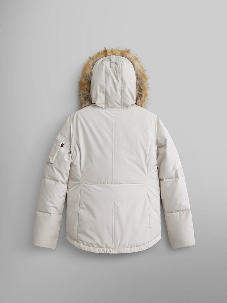 Alpha Industries Short Parka W, light color, faux fur hood, utility pockets.