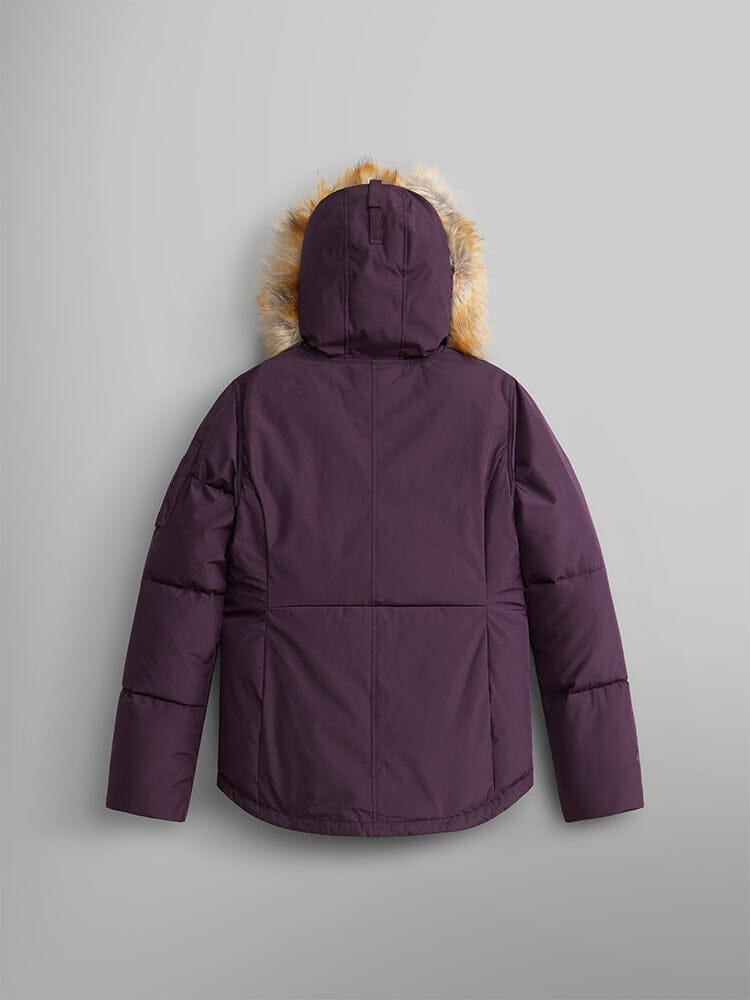 Short Parka W by Alpha Industries, purple parka with light brown faux fur-trimmed hood.