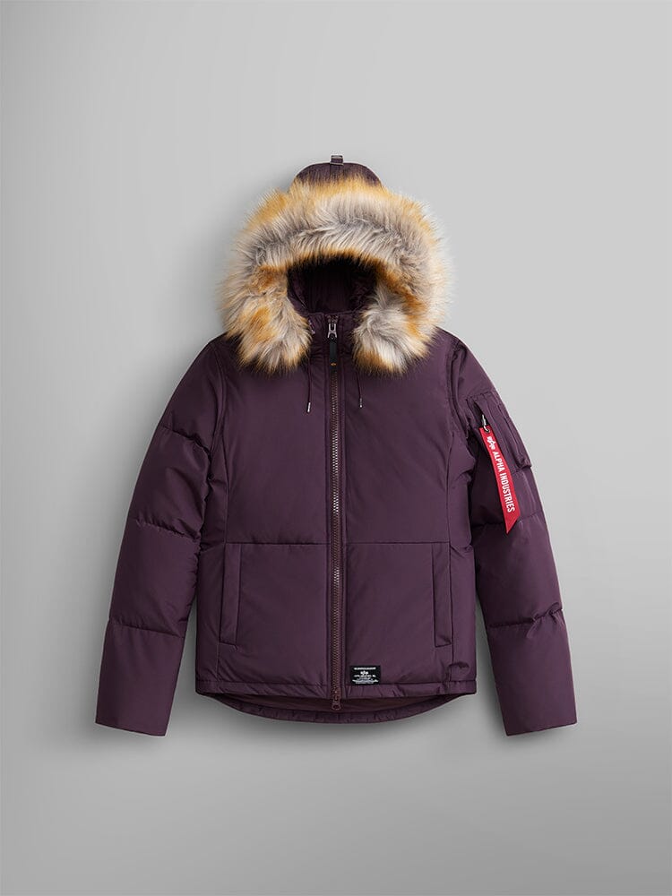 Alpha Industries Short Parka W, Berry, faux fur hood, front zipper, utility pockets, red tag on left sleeve.