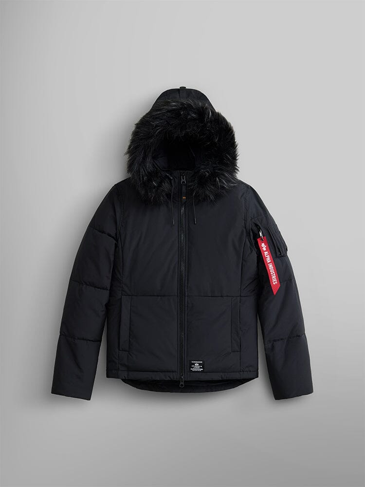 Alpha Industries Short Parka W, Black, faux fur hood, front zipper, utility pockets, red tag on left sleeve.