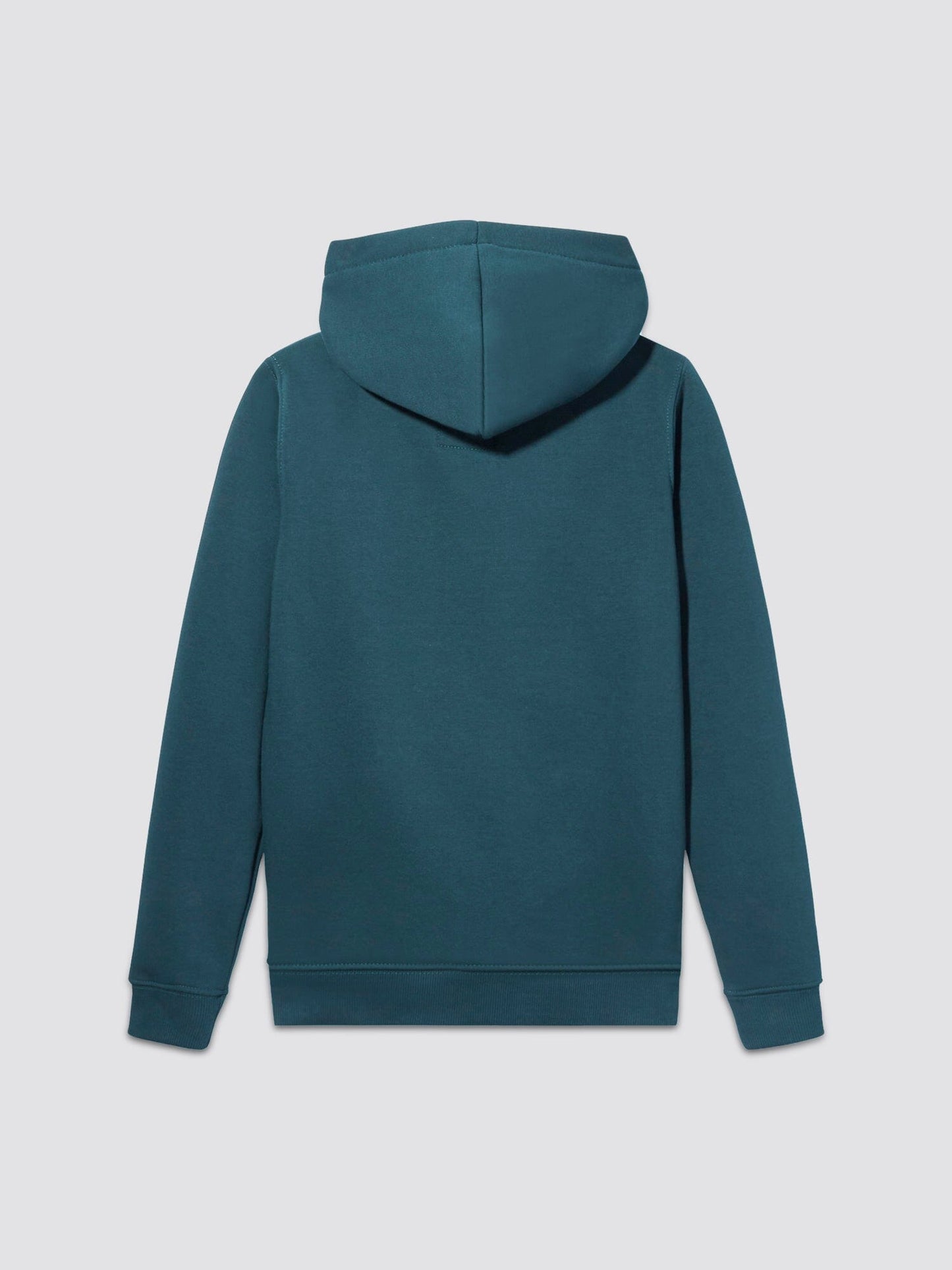 Youth Basic Hoodie by Alpha Industries in teal, long sleeves, plain design, subtle Alpha label.